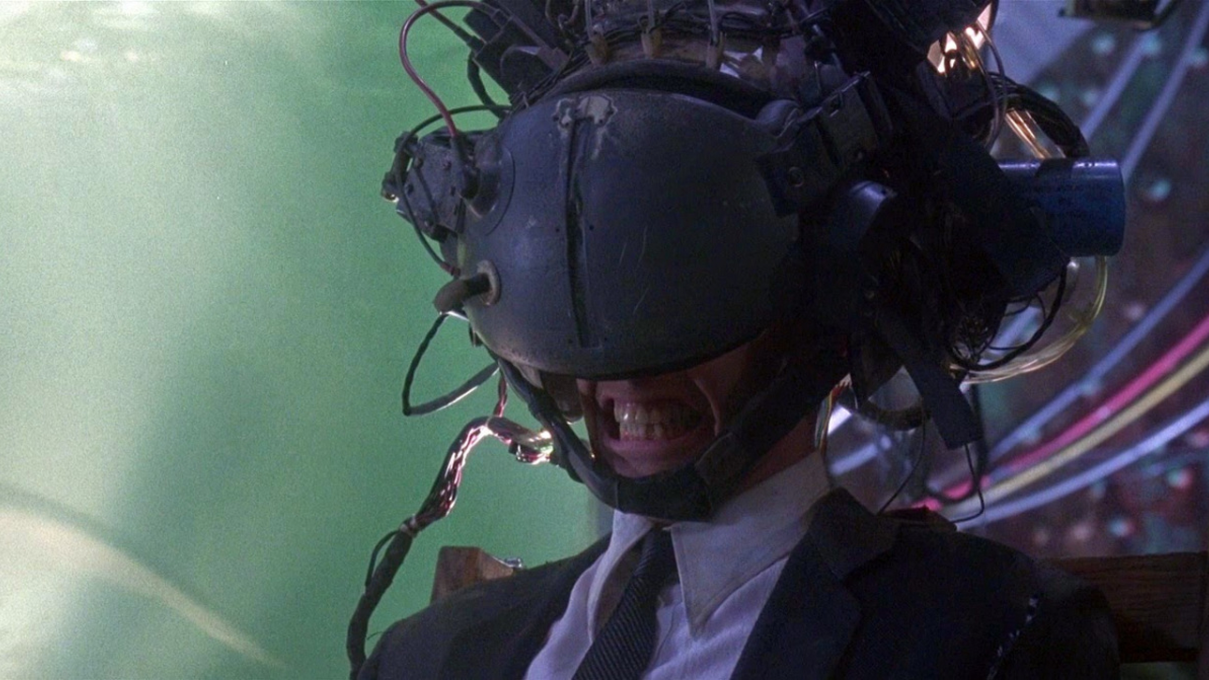 Johnny Mnemonic wearing a cyberpunk device
